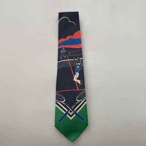 Ralph Lauren Navy Silk Tie with Green, Red and Blue Tennis Motif